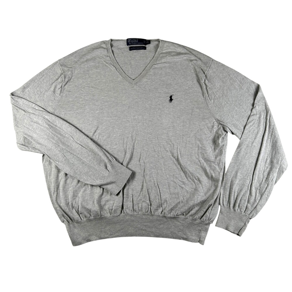 Vintage Polo Ralph Lauren Sweater Mens XL Gray V Neck Pima Cotton Knit Pullover